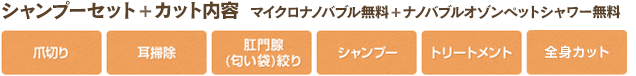 【シャンプーセット+カット内容】 爪切り、耳掃除、肛門線絞り、シャンプー、トリートメント、足回り・全身カット